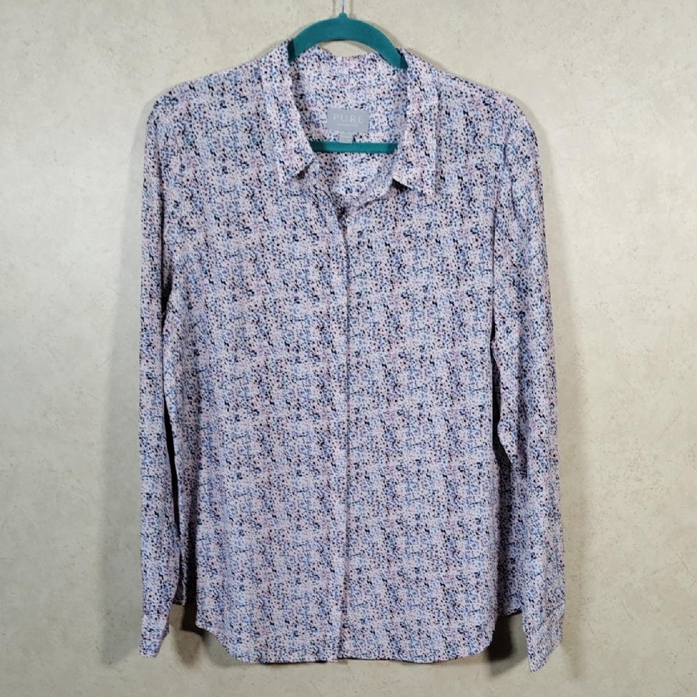 H159 PURE Collection white w/multi polka dot silk blouse 14/16